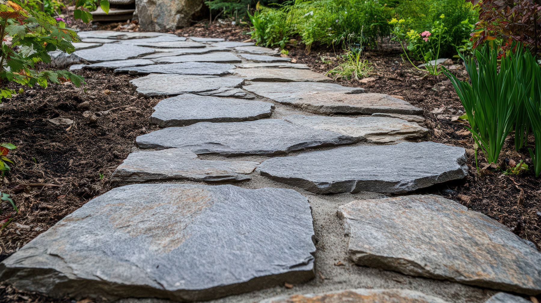 Lush garden with stone path